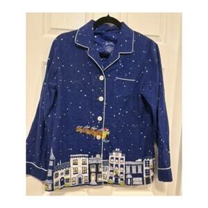 Nick & Nora pj top blue small santa sleigh christmas